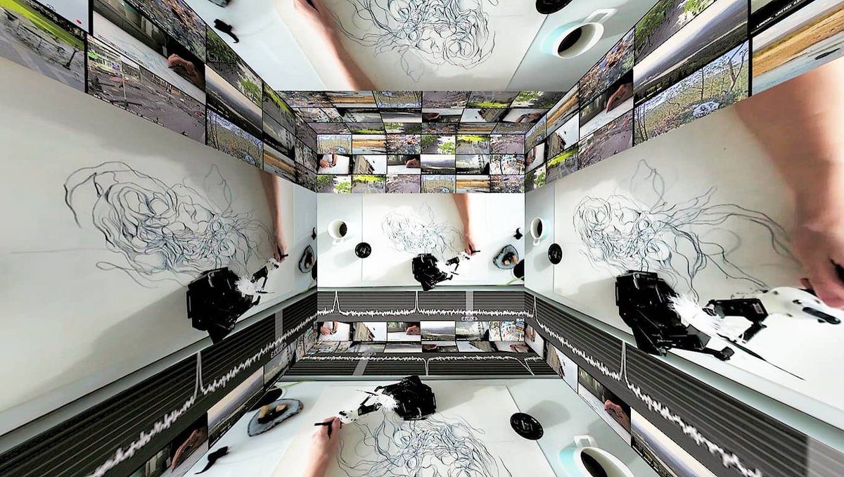 sougwen's tweet photo. 〰️ mutations of presence 〰️
.
- Simultaneous global feeds as architecture (still from a new performance #mutationsofpresence ) constructing space w remote feeds & sounds from public cameras in 5 countries, varied altitudes. Experiments w biometrics & planetary sense impression https://t.co/xLb6mECajt