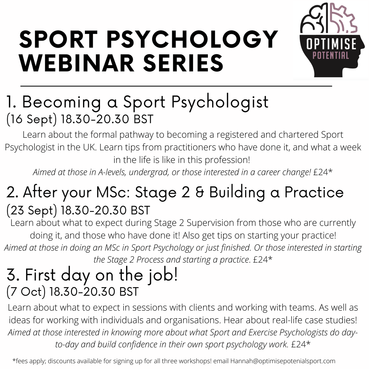 OP_Sport_Psych's tweet image. Want to work in sport psychology? Struggling to gain work experience? We are excited to announce our webinar series!
Separate links to book each webinar: 
eventbrite.co.uk/e/becoming-a-s… @serenamacleod91 @HLWints @ThinkBPerform @LBPerformPsych @alexstoyel