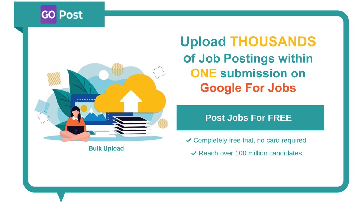 GoPost_Tal's tweet photo. Easily publish and optimize thousands of job listings on Google for Jobs all in one submission. Signup for a free trial today and explore our bulk upload job posting feature : https://t.co/T392TNjIrW

#jobs #recruitment #MondayMotivation #HR #technology #AI #jobseekers #Google https://t.co/fRtRLkmp0A