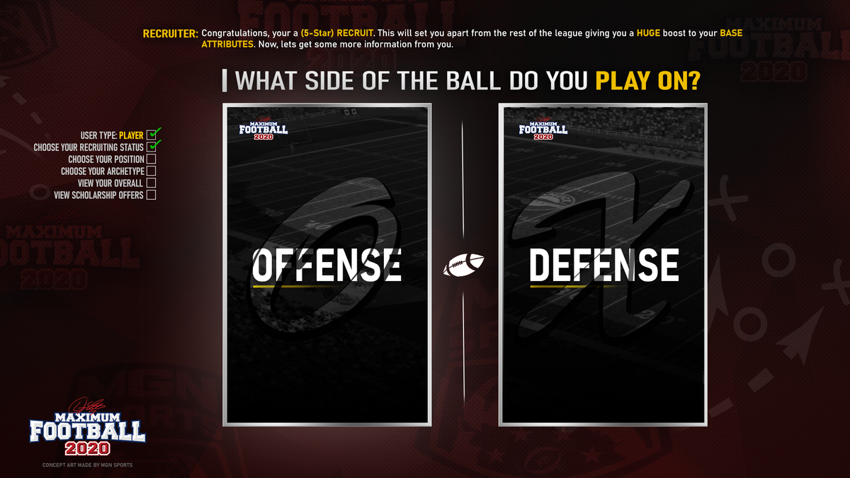mgnsports's tweet photo. As a #Player in @DougFlutie's @MaxFootballGame 2020 #SimulationLeague, what side of the ball will you play on?
A) #Offense
B) #Defense
Credit: Concept by @mgnsports
Who needs to #FixMaddenFranchise when you have
@CanuckGS working on @MaxFootballGame https://t.co/Npplugqm4z