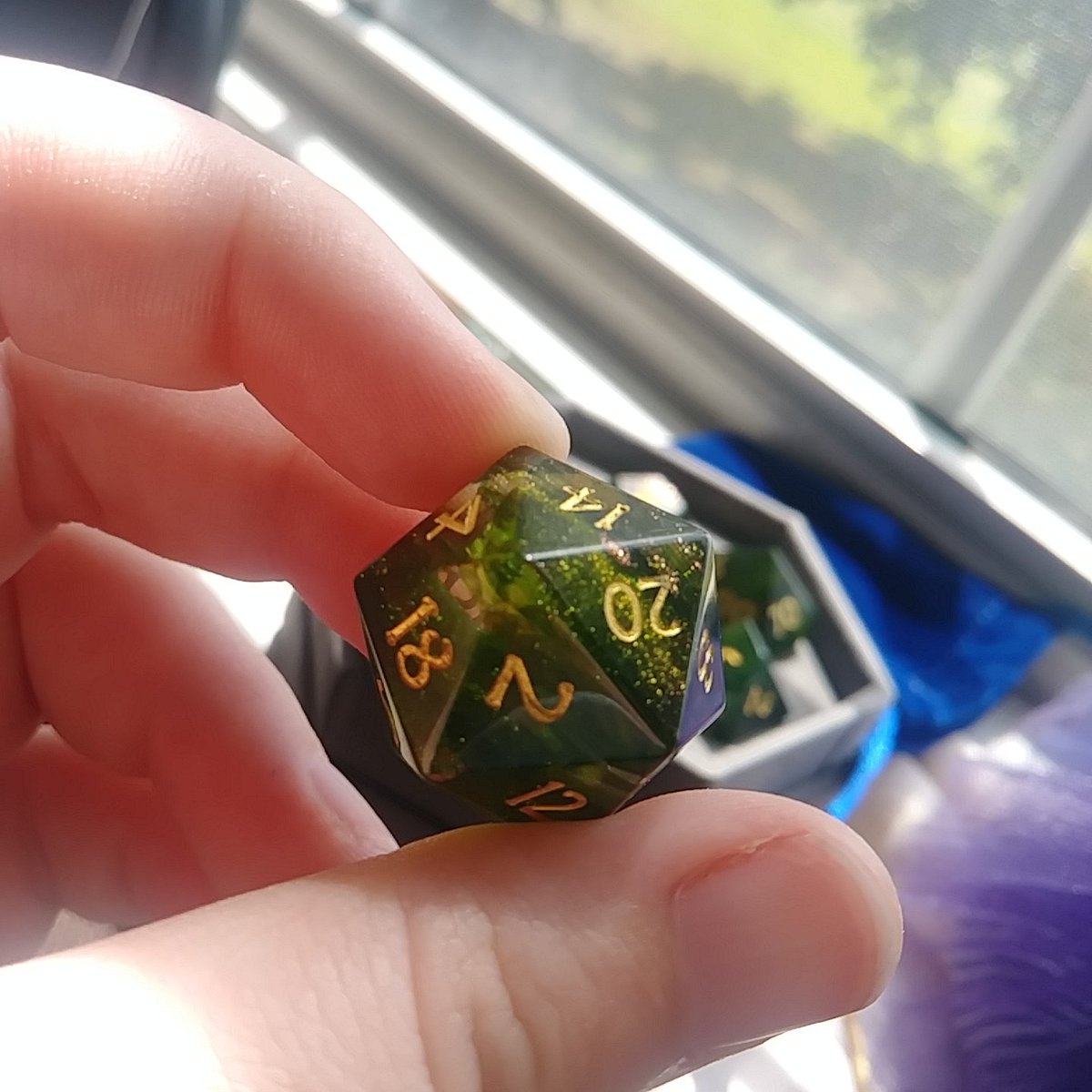 TheDaileyEditor's tweet photo. Nbd just losing my mind over these dice in the sun!! 😍

Glitter and sea shells were a gift from the fabulous @andrea_hintz 

Green glitter glass and fall leaves came from @DarkElfDice

#dnd #dice #nothoarding https://t.co/Ye2oZiOX6K