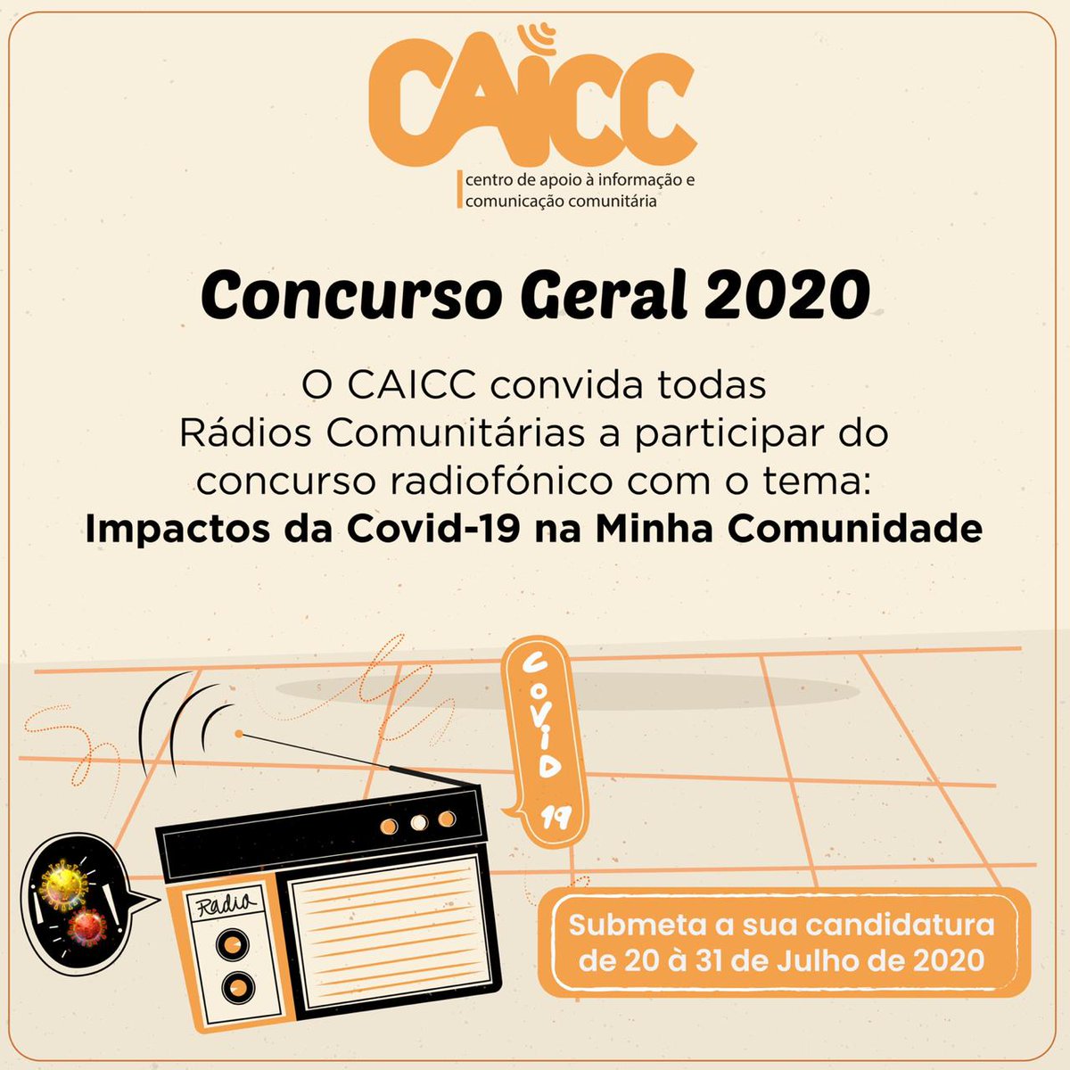 caiccajuda's tweet photo. O CAICC convida todas Rádios Comunitárias a participar no concurso radiofónico com o tema "impacto da covid-19 na minha comunidade"

Leia mais em: https://t.co/qRoyASZeH1

#caicc
#COVID19
#Mozambique https://t.co/vXNMWpCzru