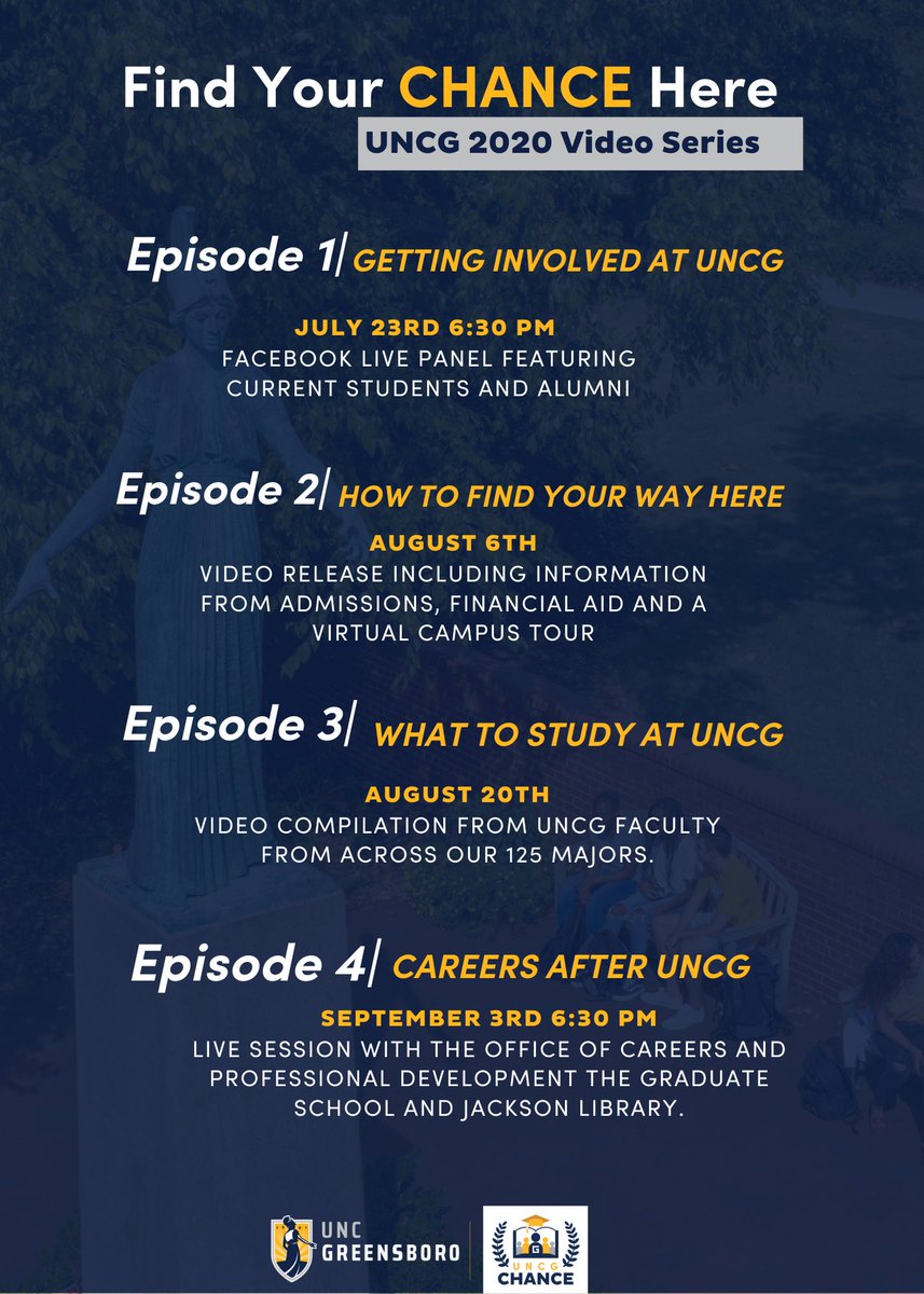 #UNCGCHANCE 2020 will be virtual! We’re excited to share 4 specific episodes to help you Find Your CHANCE Here! Hope you’ll join us for our first episode Thursday! #UNCGWay #UNCGSuccess