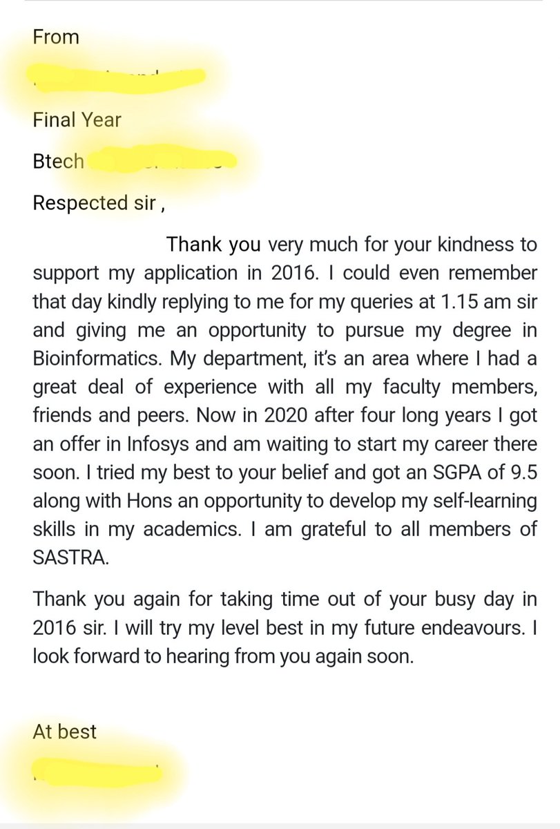 Such voluntary &amp; gratuitous emails finally give us a fulfilling satisfaction to our thankless, tireless &amp; timeless job we do as teachers. Best wishes to the student &amp; all 2020 graduands. A student who understood truly the value of education at SASTRA