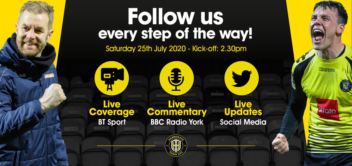 HarrogateTown's tweet photo. 📺 | You can still follow us every step of the way on our mission to reach the Football League

Support us with your usual passion, but please stay at home 💛

#ProudToBeTown https://t.co/i38yCUTaOq