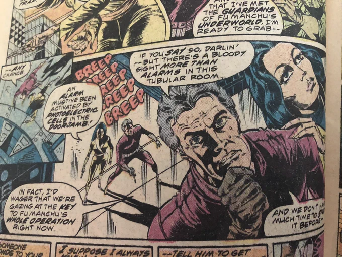 Looking at classic MOKF and I love Gulacy's storytelling decisions. There is no "rule" that says these panels should work-but they do and give the sense that the characters are moving forward in space while talking. Wohl's balloon placement helps a lot too! 