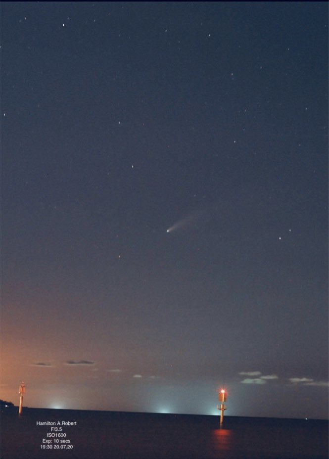 BorneoBah's tweet photo. Comet NEOWISE. 

It is high &amp; dark enough to be seen after 7 pm with a binoculars. Find a bright dot with some fuzzy patch behind it and that’s a comet. 🙂💫 

@KKCity #sabah #northborneo #cometNEOWISE #comet https://t.co/9k4RAlBnAG