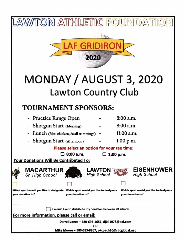 LawtonPS's tweet photo. https://t.co/d7nx6TP9No
The Lawton Athletic Foundation (LAF) will host the annual #LAF Gridiron Tournament on Aug. 3 at the Lawton Country Club. Proceeds from the tournament support the #LPS #athletic programs! Check out last year's event video to see what all the fun is about! https://t.co/sOpIOrkcLZ