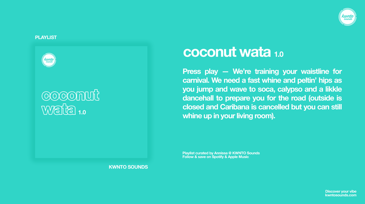kwntosounds's tweet photo. New #playlist: Coconut Wata 1.0 - Jump and wave to soca, calypso, and dancehall as you train your waistline for carnival. Curated by Annissa. Listen now on #Spotify and #AppleMusic: https://t.co/g5IMYI1zqO #summerplaylist #playlistcurator #musiccurator #carnivalplaylist https://t.co/XTnGJTyxyi
