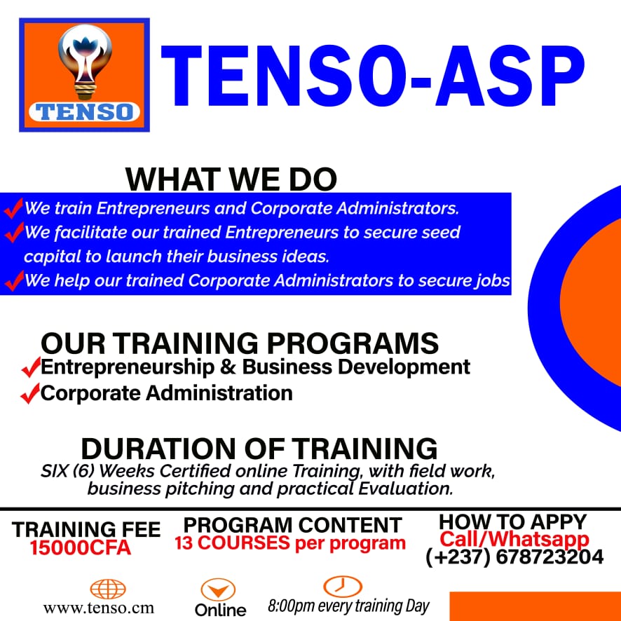 tensebaschool's tweet photo. TENSO is pleased to launch and open registrations for its 6(six)  weeks online training dubbed TENSO AFRICAN SUPPORT PROGRAM IV
To register, 
visit the link... or 
Call/WhatsApp (+237678723204) or 
Join the Official WhatsApp of TENSO via the link:  https://t.co/GjmiazbUN9 https://t.co/1BAh9kRvXa
