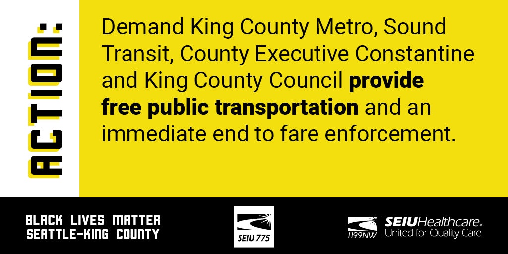 BLMSeattleKC's tweet image. ACTION: Demand @KCMetroBus, @SoundTransit, @KCExec, @KCCouncil provide free public transportation and an immediate end to fare enforcement. blacklivesseattle.org #StrikeforBlackLives