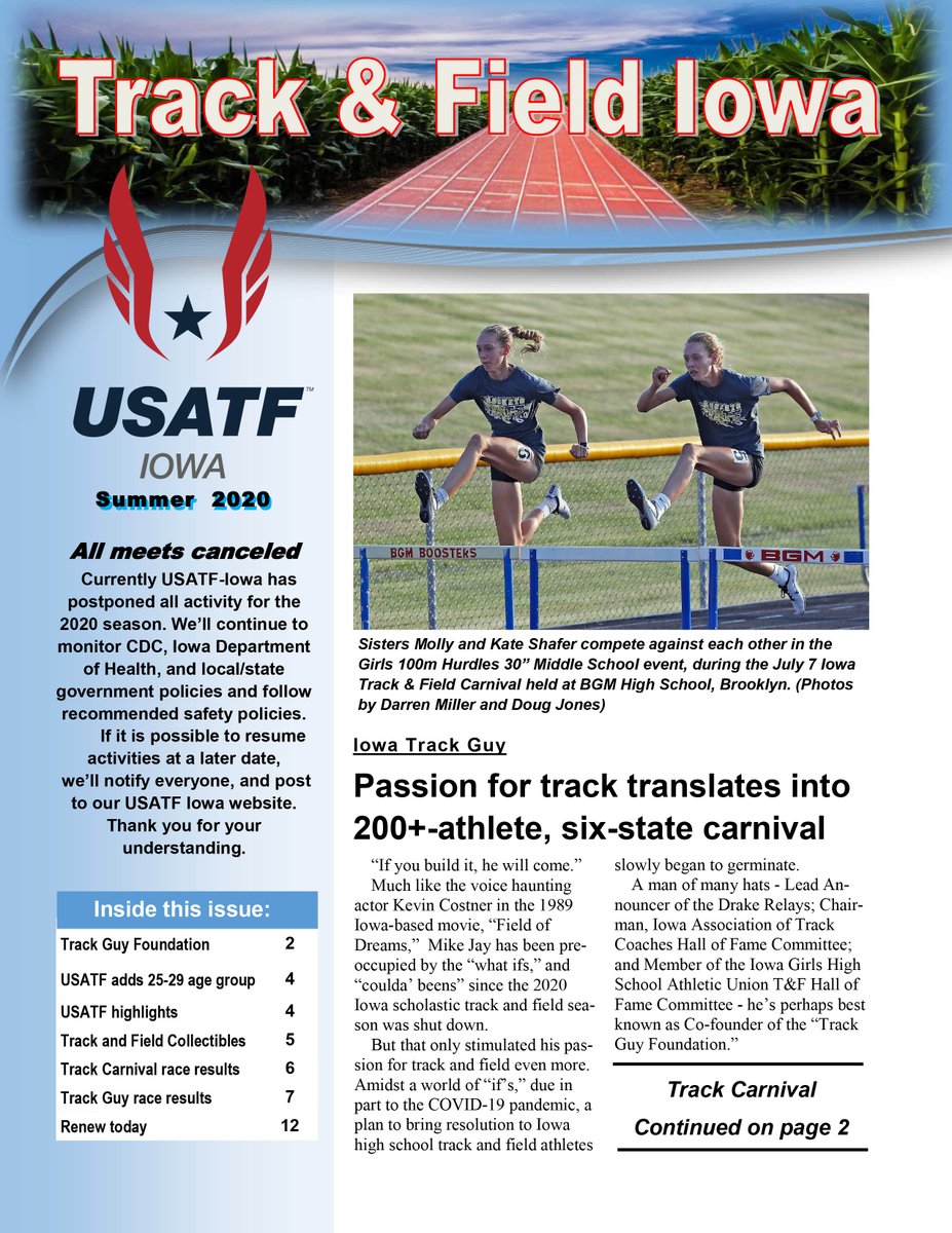 The Summer 2020 issue of Track &amp; Field Iowa is out. Read about the Track Guy meet, the new competitive USATF age category, and Iowa race results at usatf-iowa.org/wp-content/upl…