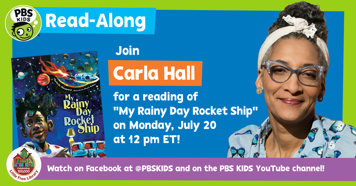 PBSKIDS's tweet photo. Join PBS KIDS, @LtlFreeLibrary and chef and TV host @carlahall as she reads “My Rainy Day Rocket Ship,” by @marketteshepp. This book is all about imagination. Watch the premiere on our Facebook page and YouTube Channel 12 p.m. ET!  https://t.co/j49bjY6bZG https://t.co/gXXczUsAgZ