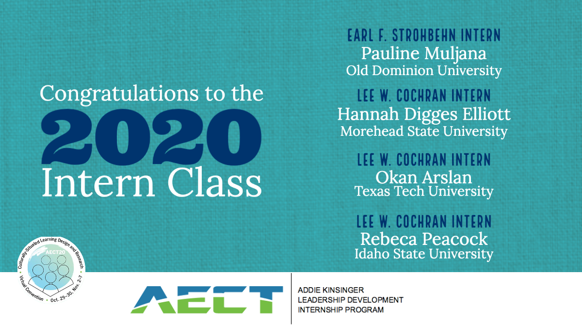 Congratulations to Pauline Muljana, Hannah Digges Elliott, Okan Arslan, and Rebeca Peacock, our 2020 <a href="/AECT/">✵ AECT ✵</a> interns! #AECT20