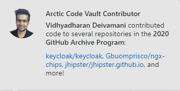 VidhyaJava's tweet photo. @github features are stunning,  Oh nice its shows @jhipster @keycloak in the Arctic code vault contributors https://t.co/YGvoPFo78O