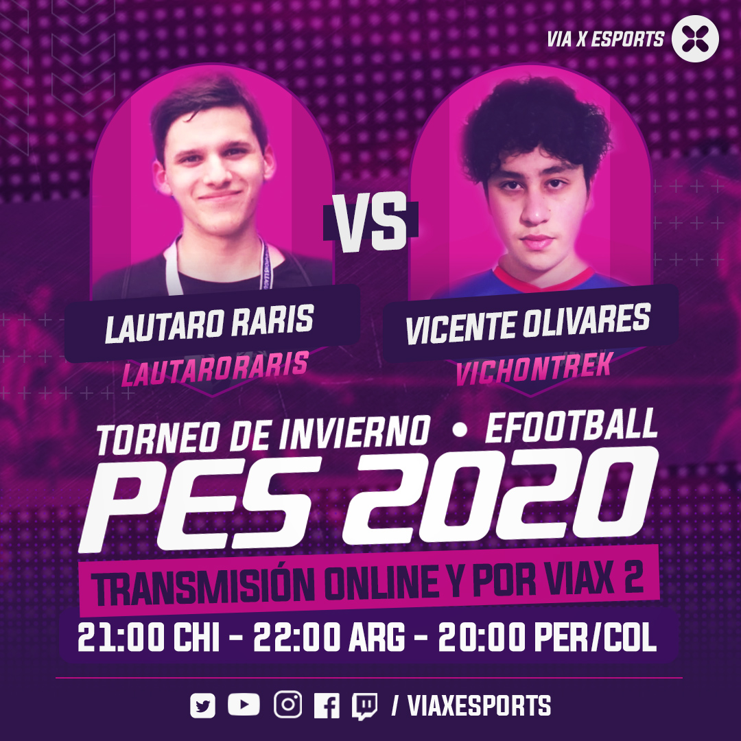viaxesports's tweet photo. ¡Llegó la Semifinal del Torneo de Invierno #eFootballPES2020 ⚽🎮! Hoy viviremos un partido de infarto entre:
@LautaroRaris 🇦🇷 v/s 🇨🇱 @Vichontrek
¡No te quedes fuera! 🙌 alienta a tu favorito desde las 21H por la señal de #VIAX2 y nuestras redes sociales ⚡ https://t.co/rkSUFCAE6i