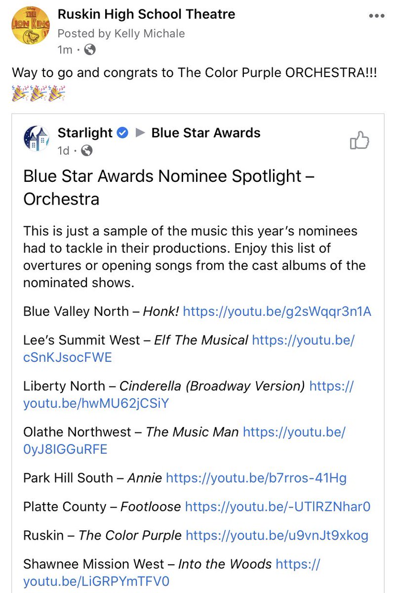 Way to go and Congrats to ‘The Color Purple’ Orchestra! 🎉🎉
#WeAreRuskin
@ruskinprincipal 
<a href="/ruskinnews/">Ruskin News</a> 
<a href="/Ruskin_Eagles/">Ruskin Athletics & Activities</a> 
<a href="/HMC1Proud/">Hickman Mills C-1 School District</a>
