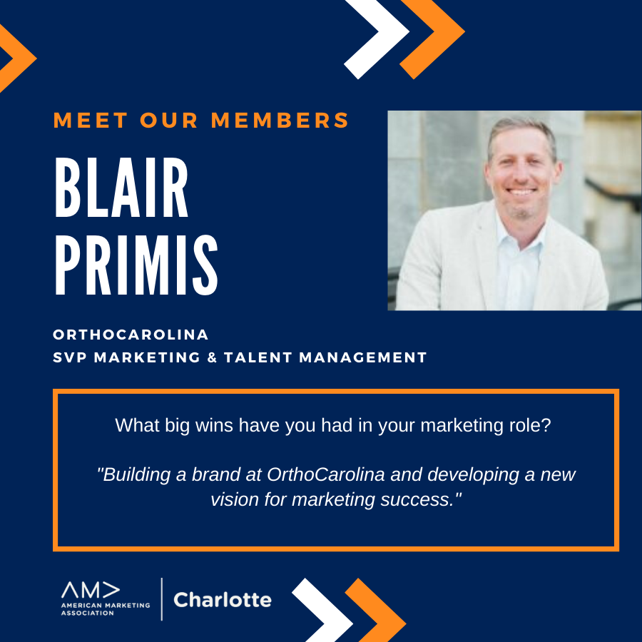charlotteama's tweet photo. Meet our Members: Meet Blair Primis, SVP of Marketing &amp; Talent Management at OrthoCarolina. Blair is passionate about building and developing team culture and top talent. Learn more: https://t.co/Qj623GMnLR #amaclt #amamembers https://t.co/QUJUGhUGwX