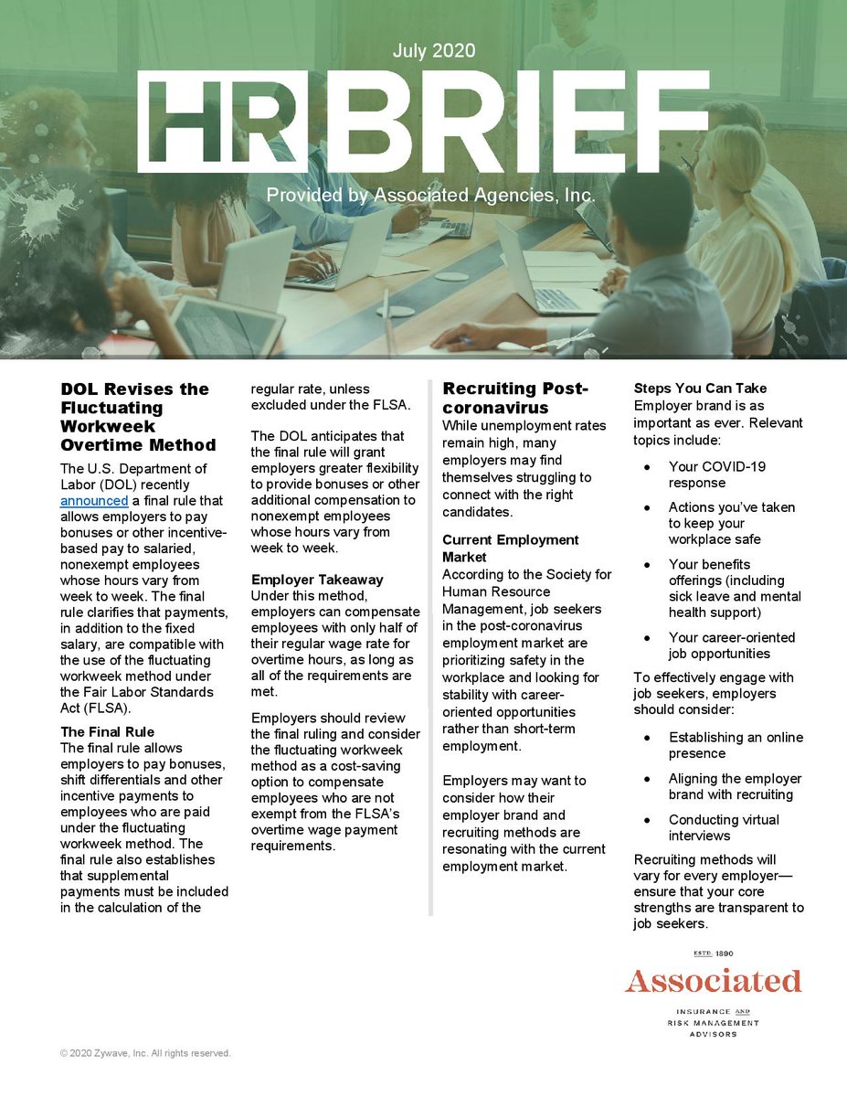 The DOL's revision of the fluctuating workweek overtime method and recruiting in a post-coronavirus employment market. Check out our July HR Brief for a rundown of these topics and more. As always, sign up for our newsletter @ assocagencies.com.

#HR #JobMarket #Insurance