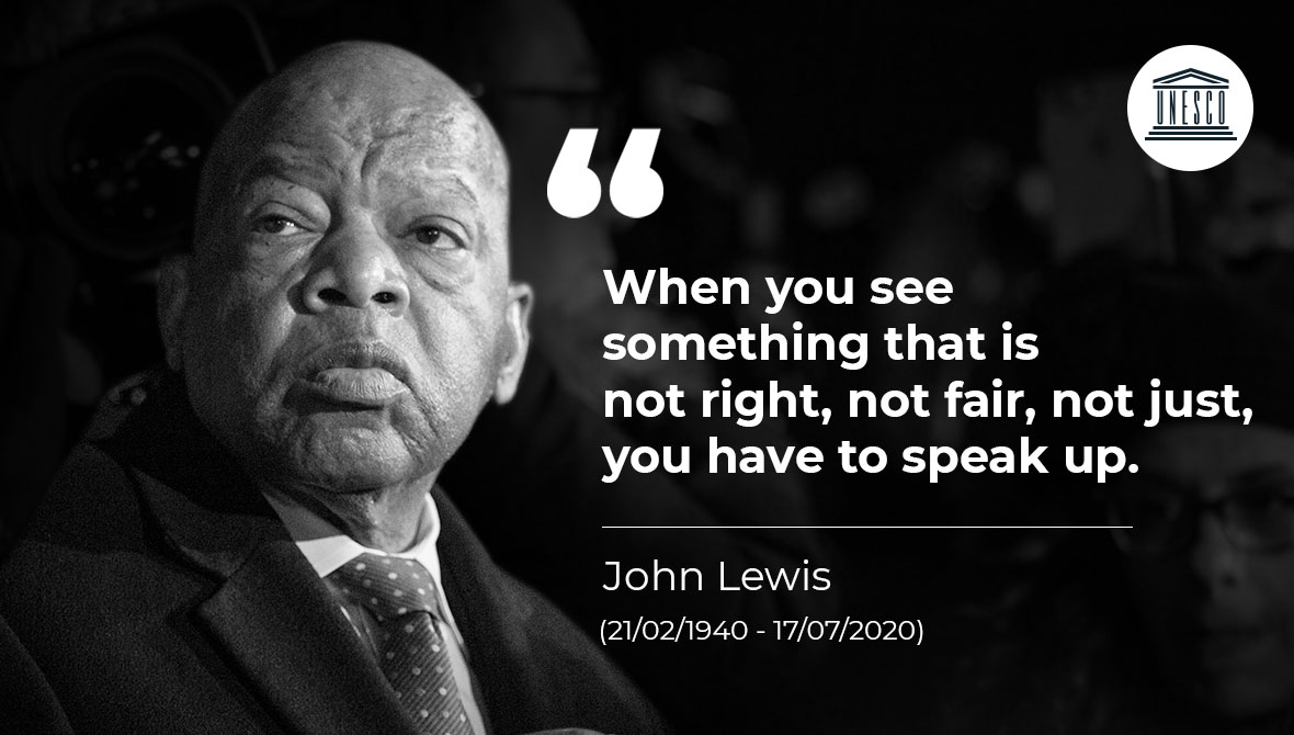 UNESCO's tweet photo. Tribute to John Lewis, a towering figure in the historic struggle for racial equality, who died on Friday at 80.
 
His legacy, persistence &amp; quest for civil rights will continue to inspire generations to never give up in the fight for what is right.

Rest in Power. https://t.co/pwMFAnecgf