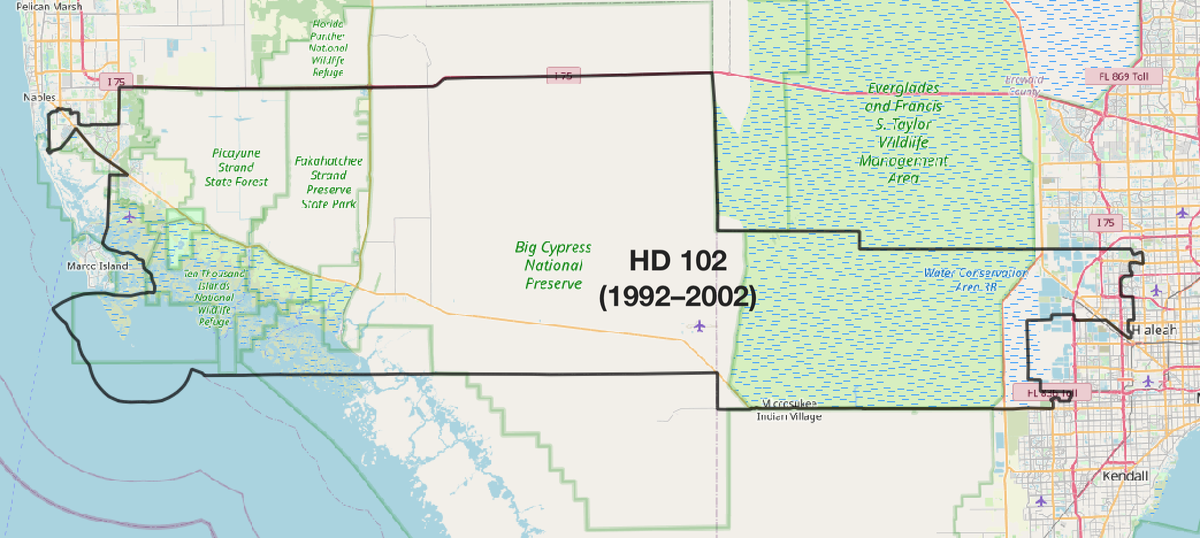 2/x: Before the 90s, no districts crossed the Everglades. But in '92, the Democrats stretched Hialeah Rep. Luis Rojas' heavily GOP district to Naples to better pack GOP voters. (Allowing Dems to optimize the map elsewhere in the area.)