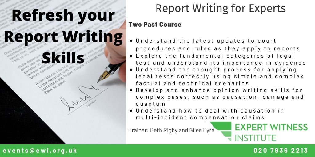 ExpertWitnessIn's tweet photo. Refresh your report writing skills and book EWI's two part report writing webinar taking place on 21st and 27th October. Report writing 1 given by @BethRigby3 and part 2 given by Giles Eyre, book now https://t.co/IjI4cmfKxP #expertwitness #CPD https://t.co/UFVG2tpKYn