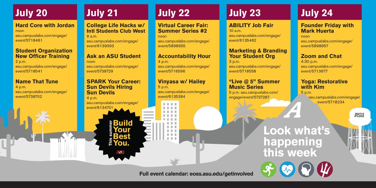 TempeClubsASU's tweet photo. Whether you want to connect with other Sun Devils or to try something new like Name that Tune, College Life Hacks, or attending a virtual career fair, ASUSync has you covered this week! https://t.co/skdFoLEChh #SunDevilSummer https://t.co/4pwXGXZE1S