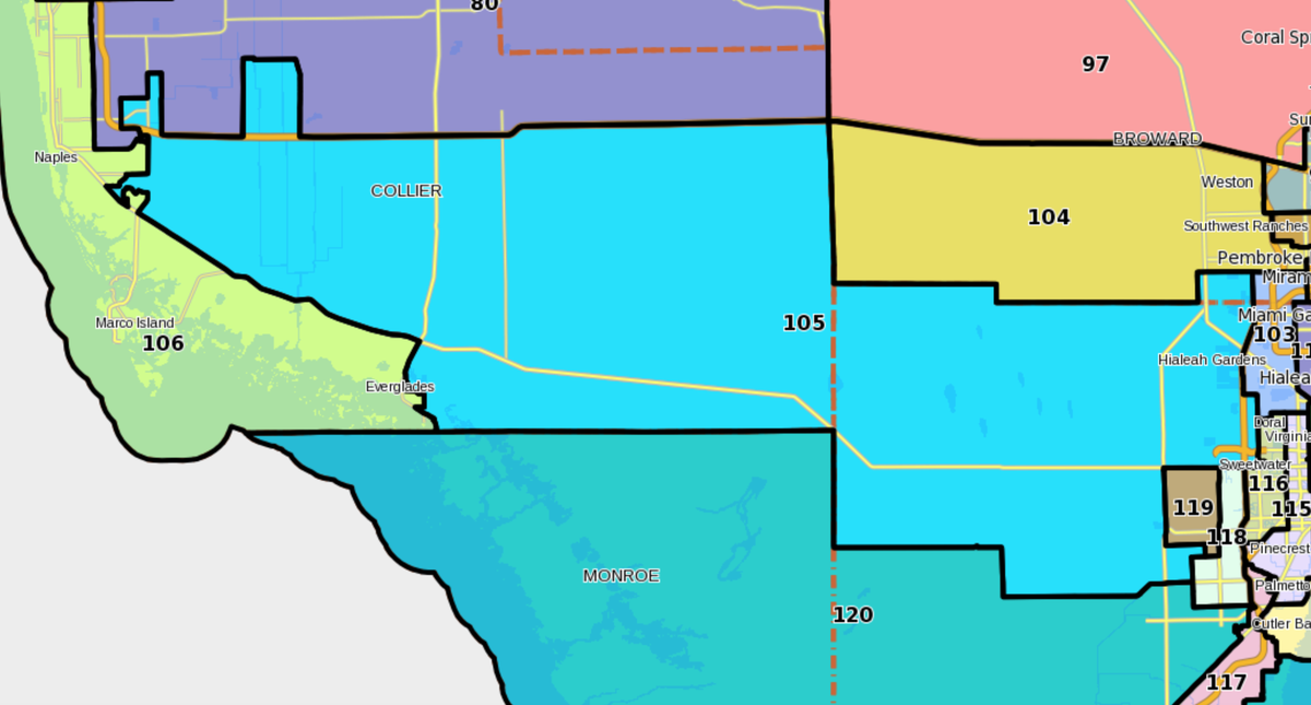 The Naples-to-Dade HD 105 may be "contorted by gerrymandering," but not how you might think. It's more contorted by the Voting Rights Act's now-dormant Section 5, anyway. A brief history... 1/x  https://twitter.com/samanthajgross/status/1285211826427498496