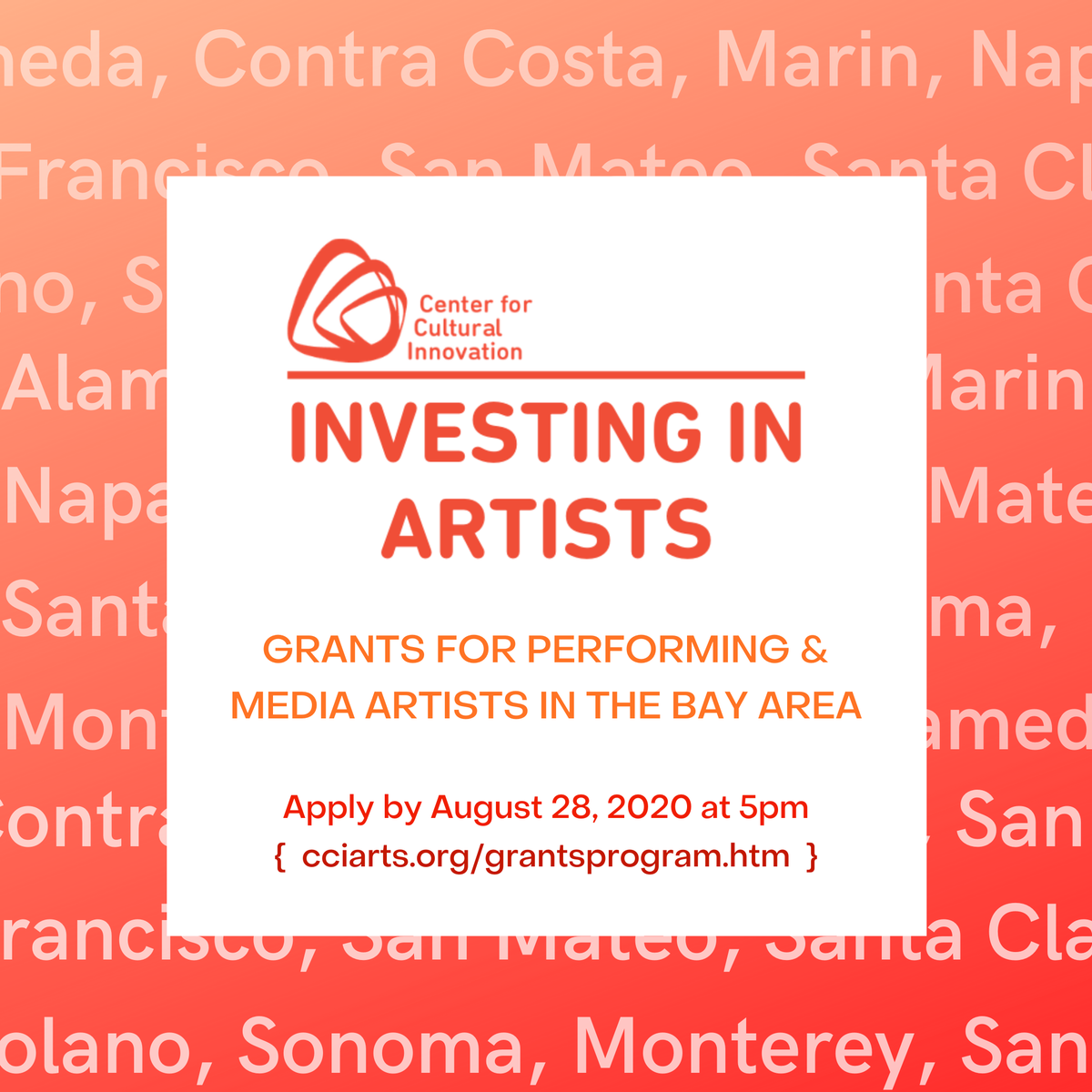 APPLY NOW THRU AUG 28 >> Investing in Artists grants support diverse working artists in the Bay Area in the performing arts and media arts--incl. dance, music, musical theatre, opera, theatre, video, film, and animation, to name a few. Learn more at cciarts.org/grantsprogram.…