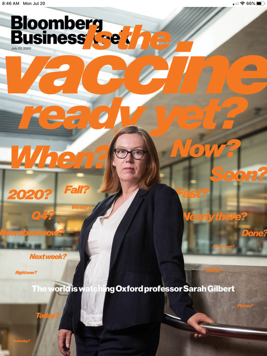EricTopol's tweet photo. For the >160 #SARSCoV2 vaccines in development there is intense, managed competition. Four reported Phase 1/2 results in the past week [@moderna_tx @UniofOxford CanSino and @Pfizer (preprint)].
Best part: the leader of the pack is a female academician scientist, Sarah Gilbert https://t.co/Oo48k55crp