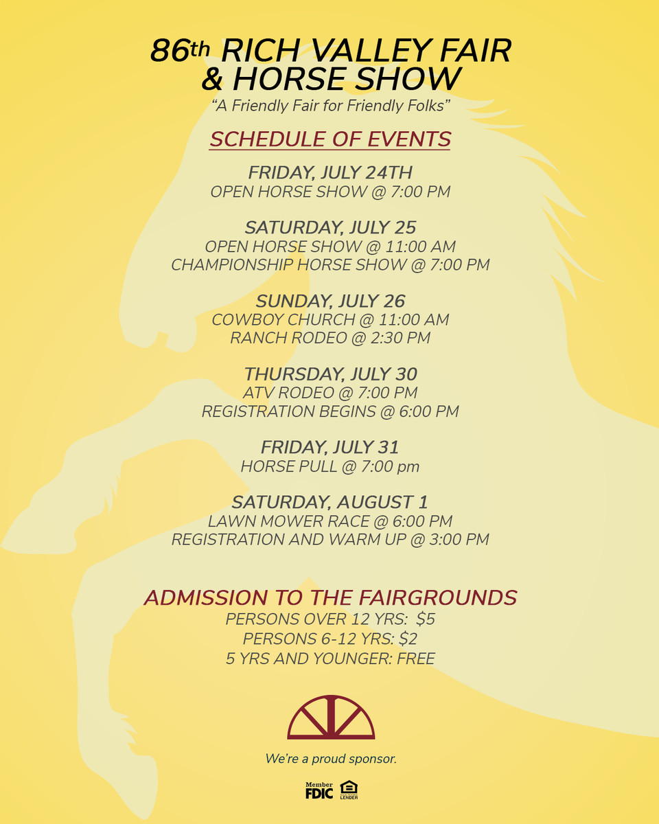 The Rich Valley Fair is coming up very soon! Here's a schedule of events. All events will be outside. Please remember to use safety measures at public events like these.