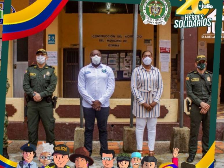 PoliciaChoco's tweet photo. Desde el municipio de  #Ismina nos unimos a  celebración de los 210 años de nuestro Grito de Independencia. Juntos continuaremos trabajando por #Colombia con transparencia #HeroesSolidarios  #IndepenciaDeColombia #MasColombianoQueNunca https://t.co/nhkbqdo4d8