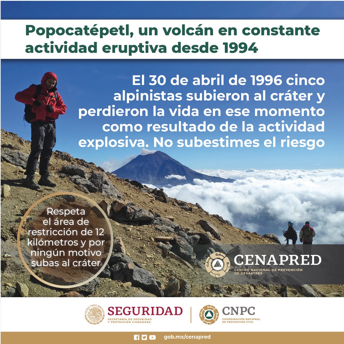 CNPC_MX's tweet photo. En 1996 hubo una tragedia en el #Popocatépetl porque un grupo de alpinistas subestimaron el riesgo del volcán.
Sigue las indicaciones de #ProtecciónCivil, respeta el área de restricción de 12 km. Recuerda que el 🚦de alerta está en #AmarilloFase2. https://t.co/BMZDg2zWoC