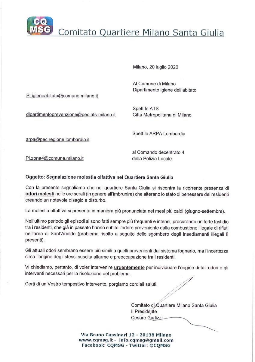cqmsg's tweet photo. Oggi abbiamo segnalato al @ComuneMI , ad ATS città metropolitana e ad #ARPA Lombardia la ricorrente presenza di #odorimolesti nel #quartieresantagiulia, chiedendo di individuarne l'origine e di adottare gli opportuni rimedi.
#CQMSG https://t.co/DQahQpm5JI