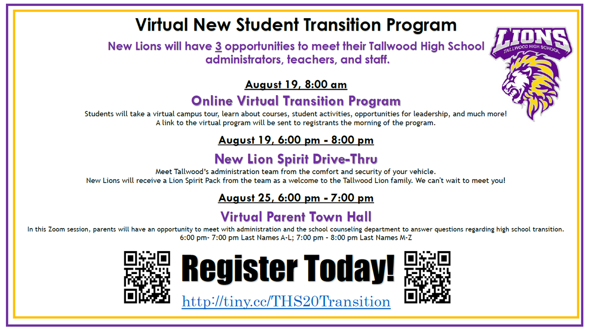 TallwoodLions's tweet photo. Calling all NEW LIONS! Register today for the THS Virtual New Student Transition Program💜💛

Don't miss our
🦁Virtual Orientation
🦁New Lion Spirit Drive-thru, &amp; the
🦁Virtual Parent Town Hall

Register now to reserve your spot! http://tinycc./THS20Transition

#TogetherWeROAR https://t.co/nt8sBZ6wxJ