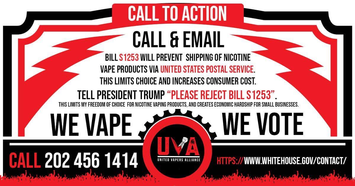 grimelliottini's tweet photo. daily reminder to @POTUS @realDonaldTrump @parscale to please #VetoS1253! This would ban the shipping of #Vape products by @USPS. The vapor industry spends muti millions every year with USPS and it would be the destruction of the vape industry not to mention USPS! #WeVapeWeVote https://t.co/SYMdAYxSXp