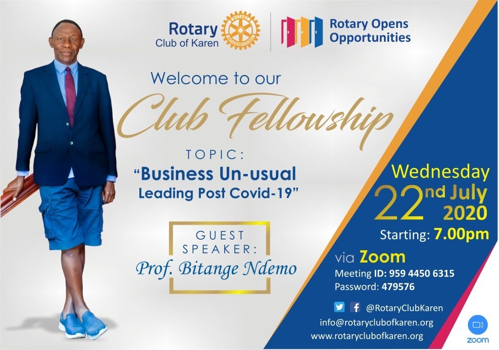 RotaryClubKaren's tweet photo. In a time when business as we knew it has been turned upside down, innovation &amp; agility is key. 

Let's learn from the Guru Prof. Bitange Ndemo @bantigito, how #COVID19 is changing business; &amp; how to remain relevant in #Business Unusual
#RotaryOpensOpportunities https://t.co/nU07MYE0mL