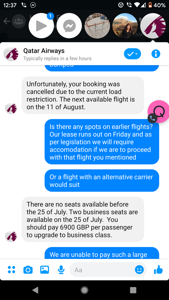 mrhfromaus's tweet photo. @abc730 @leighsales If interested, my wife and I have been bumped today from our Qatar flight due to passenger cap and offered a spot the next day for £6900 pp. Not alone and not Qatar's fault but not a great deal of support from airline at this stage asides from rebooking in Aug https://t.co/uVocS3IRCA