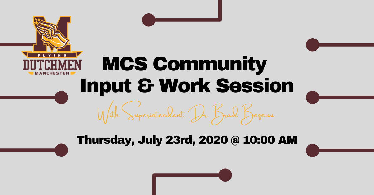 Join Dr. Bezeau this Thursday, July 23rd at 10:00 a.m. via Google Meet for our Community Input and Work Session as we continue our planning for the 2020-2021 School Year!

Join with Google Meet:
meet.google.com/rzn-zqvt-toq

Join by phone:
1-501-487-7174 (PIN: 979177236)