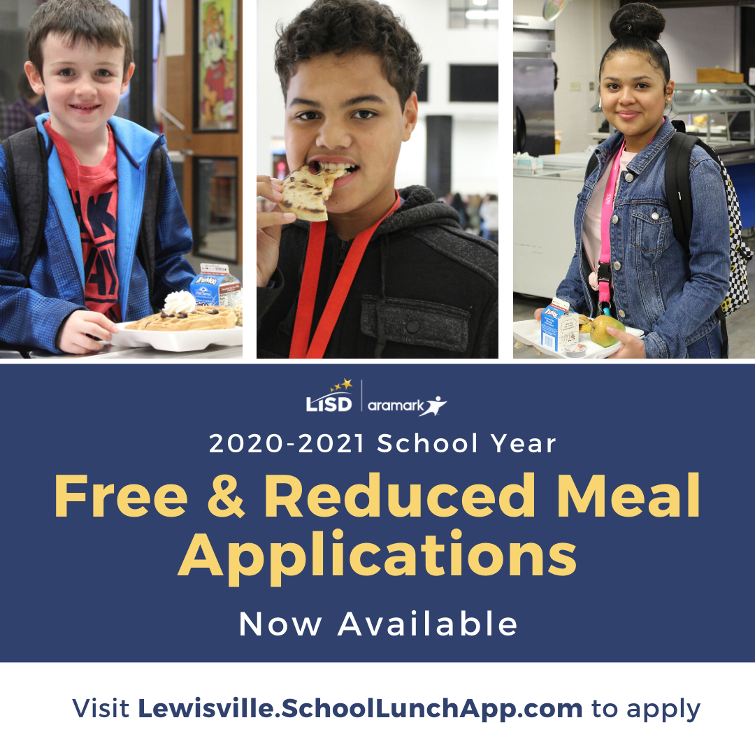 Free &amp; reduced meal applications for the 2020-2021 school year are now available! VIsit lewisville.schoollunchapp.com to apply. Information about qualifications and frequently asked questions are available at bit.ly/FRMeals.
