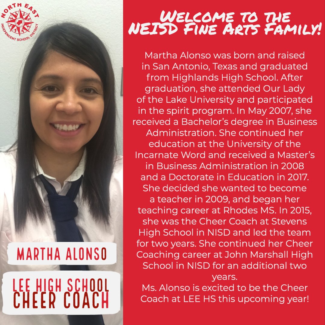 NEISDFineArts's tweet photo. WELCOME MARTHA ALONSO TO THE NEISD FAMILY AS THE NEW LEE HS CHEER COACH! https://t.co/rPY32XlTdP