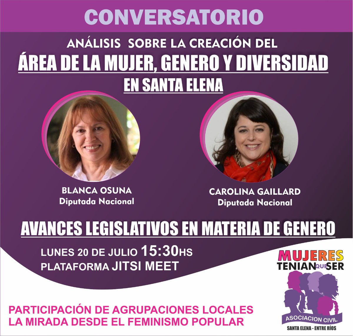 BlancaOsunaOK's tweet photo. Estaré participando de un Conversatorio virtual, organizado por la Asociación Civil "Mujeres tenían que ser" de Santa Elena, para intercambiar visiones con otras organizaciones y mi par @CaroGaillard sobre los avances legislativos en materia de género. #Mujeres #EntreRíos https://t.co/fsK86a8vfg