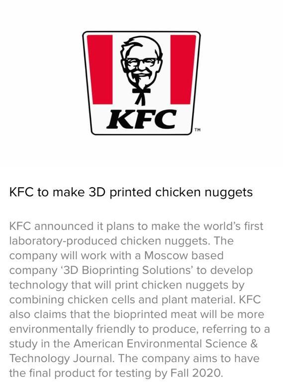 tid_beats's tweet photo. 🍗 KFC to make 3D printed chicken nuggets
Save your time by reading/listening such short news. 🗞️🎧 Download the popular TidBeats app 🚀@ https://t.co/nb0HJiUEqV
#KFC #chickennugget #3Dprinting #3D #biomeat #food #tech #news #Russia #Moscow https://t.co/cBOdpJqJeU