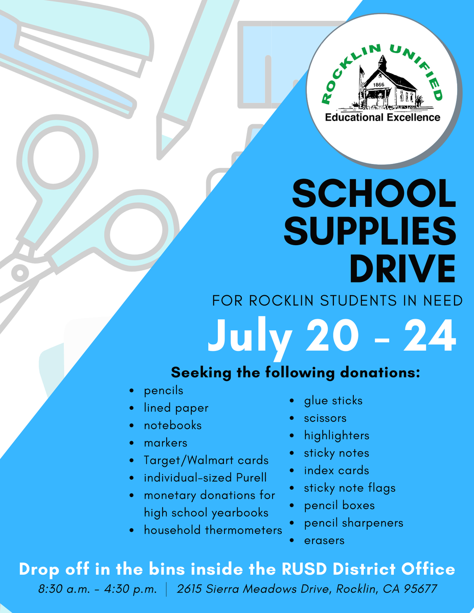 RocklinUnified's tweet photo. Today we kick-off our first annual RUSD School Supplies Drive.  Donations received will be provided to Rocklin students in need across the district.  See flyer for more details! https://t.co/YS5jEFLWMw