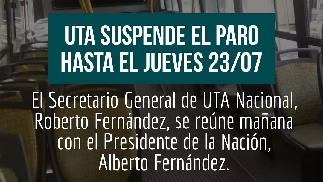 UTA suspende el paro 
<a href="/LaGacetaTucuman/">La Gaceta de Tucumán</a> <a href="/LV12TUC/">LV12RADIO</a> @TucumanLv7 <a href="/eltucumano_ok/">el tucumano</a>
