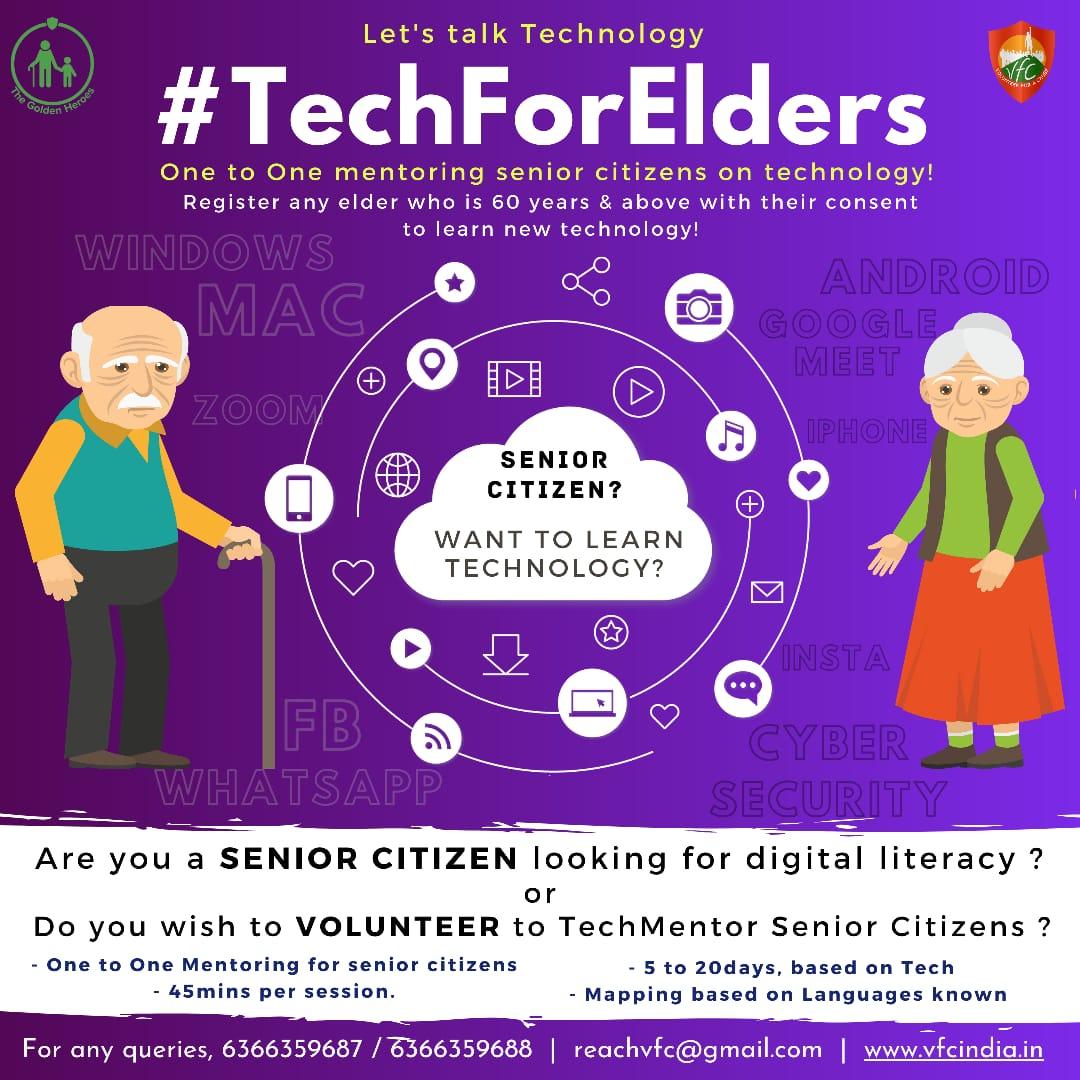 vfcindia's tweet photo. 1/5
#TechForElders - One to One mentoring session for Senior Citizens on technology!! Register any elder who is 60 years and above with their consent to learn new #technology skills! https://t.co/WXm0cEYxBk