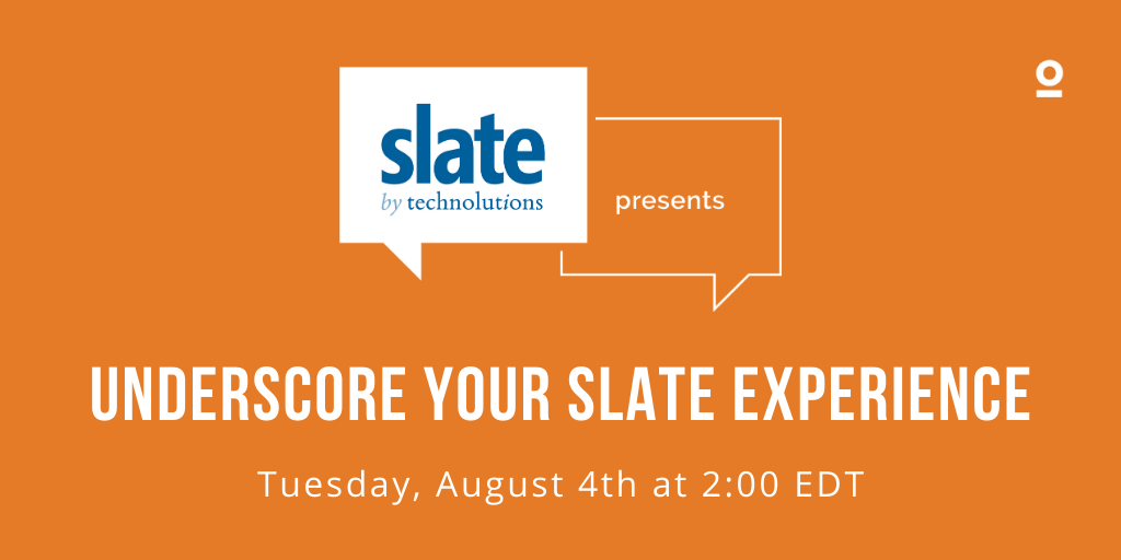 underscore_ed's tweet photo. Join @underscore_ed &amp; @Technolutions on 8/4 to learn how to best leverage your #Slate instance. With tips &amp; tricks, case studies &amp; testimonials, you’ll learn how to achieve optimal results in Slate, while saving tens-if not hundreds-of thousands of dollars along the way. #emchat https://t.co/r7ohPCtNnZ