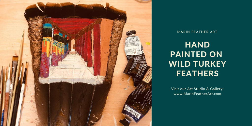 Patricia is a #SantaFe #artist who is especially noted for her unique and highly detailed #artwork. Each feather is entirely #handpainted with #acrylic paint. Available on MarinFeatherArt.com #featherart #art #fineart