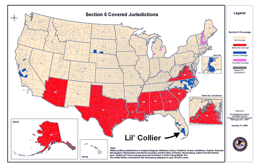 4/x: The GOP moved the Naples 'burbs in a new GOP-leaning seat stretching to SW Broward (the green HD101).The snag: Collier (Naples) was a "covered" county under Section 5 of the Voting Rights Act. Any district changes required preclearance from the DOJ.