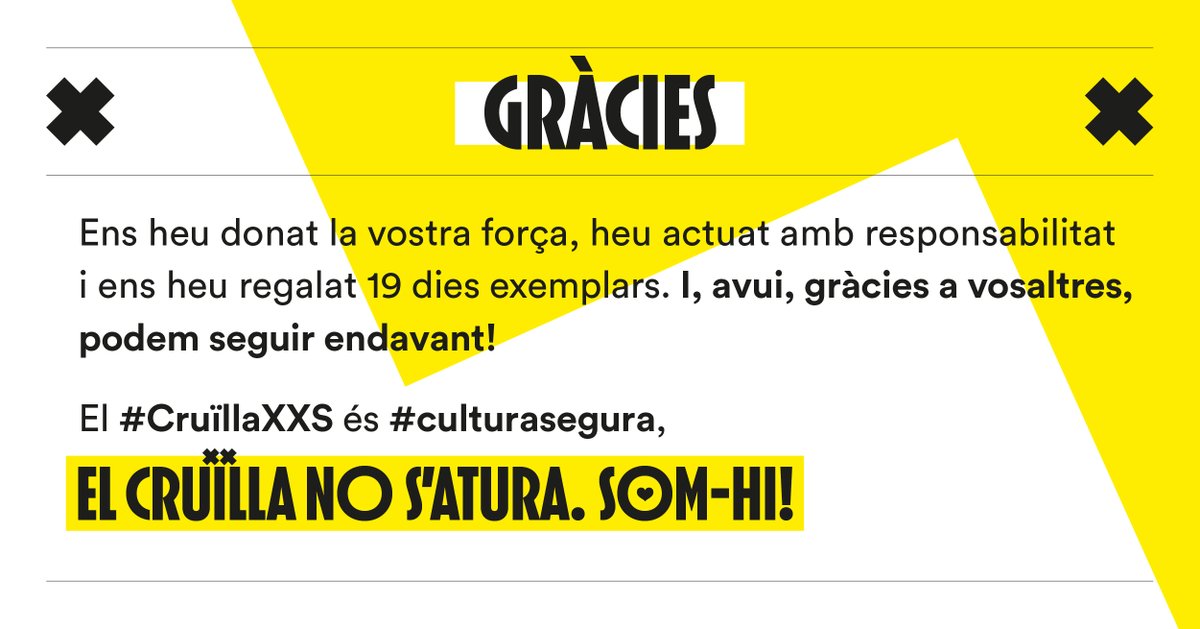 cruillabcn's tweet photo. Gràcies a la responsabilitat que demostreu a cada espectacle, podem continuar fent el que més ens agrada: cultura en directe! 🎉

Recorda, per la nostra salut i la salut de la cultura: higiene, distància i mascareta! Som-hi! 💛 #CruïllaXXS https://t.co/BQXSVLgUfL